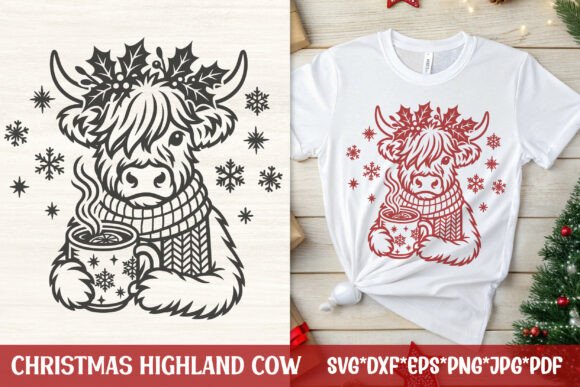 Christmas Highland Cow with Cocoa SVG